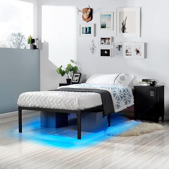 FurnitureR Modern Metal Platform Bed, Full/Twin/Single Size Bed Frame with 14.2" Under-Bed Storage, Sturdy Locking Mechanism, Easy Assembly for Bedroom or Guest Room, Black (Single)