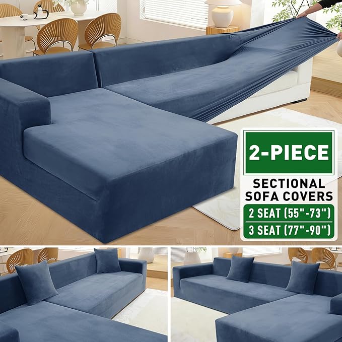 ZNSAYOTX 2026 Soft Velvet Sectional Couch Covers, Luxury Plush Slipcovers with Elastic Bottom for L Shape Sectional Sofa, 2 Pcs Pet Friendly Protector (3 Seat Couch + 2 Seat Chaise, Navy Blue)