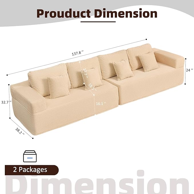 Chaise Lounge Chair, Boneless Couch for Living Room and Bedroom, Set of Sleeper Couches Reading Chairs, Corduroy, White