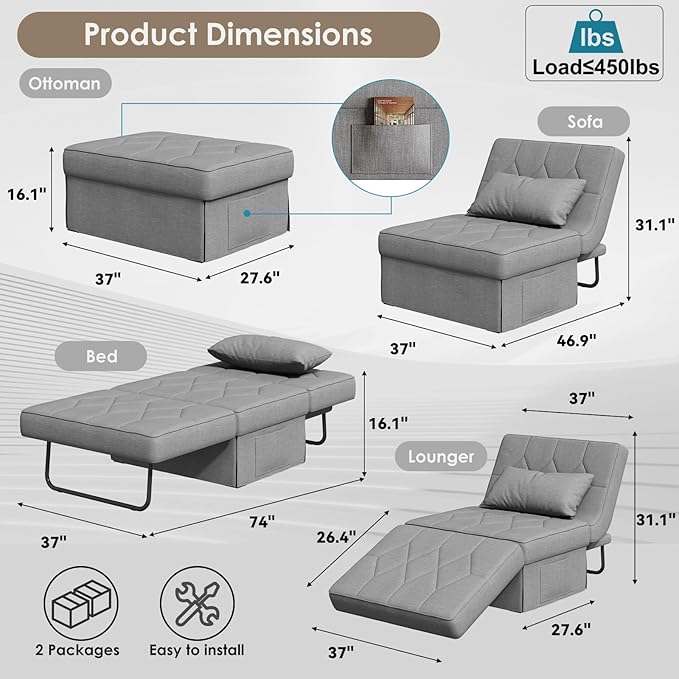Convertible Sofa Bed with 5-Level Adjustable Backrest, 74" D x 37" W 4-in-1 Folding Ottoman Sleeper Chair Bed, Modern Single Futon Couch for Living Room Apartment Dorm Small Space, Light Grey