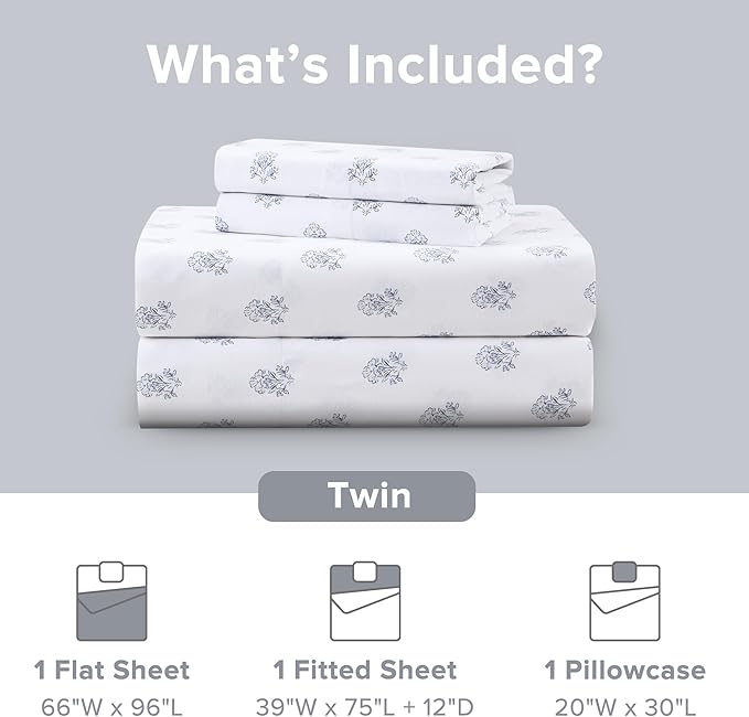 Comfort Spaces 100% Cotton Sheets Twin, Breathable, Naturally Cool Cotton Sheets, Soft Cotton Bed Sheets with 12" Elastic Pocket Fits up to 14" Mattress, All Seasons Sheet Set, Floral Blue 3 Piece
