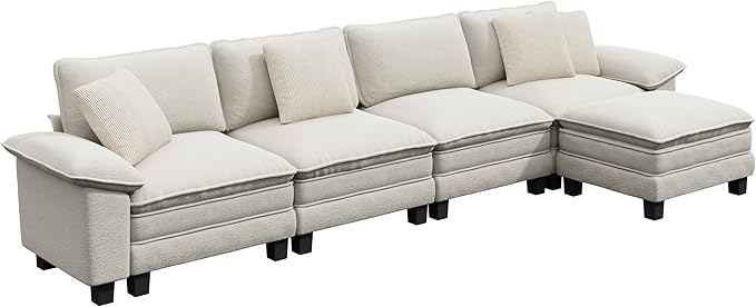 PHI VILLA Cloud Modular Couch Sets, 157.5" Sectional Sofa with L-Shaped Chaise, 5-Seater Upholstered Couches with Movable Ottoman for Living Room, Chenille Fabric, Beige
