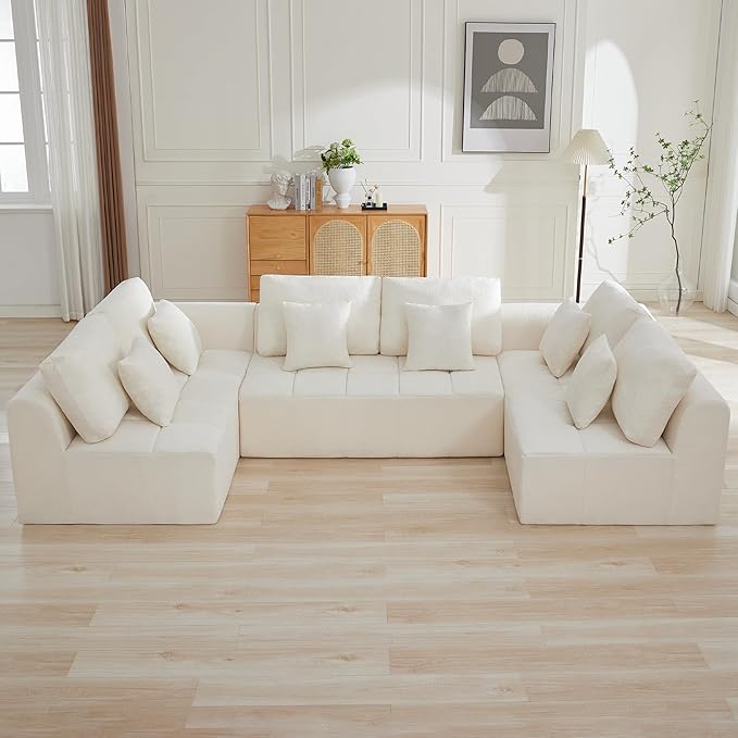 140''Modular Sectional Couches for Living Room, Cloud Boneless Compressed Sectional Sofa, Oversized U Shaped 6 Seater Upholstered Memory Foam Sofa, No Assembly, Chenille Beige