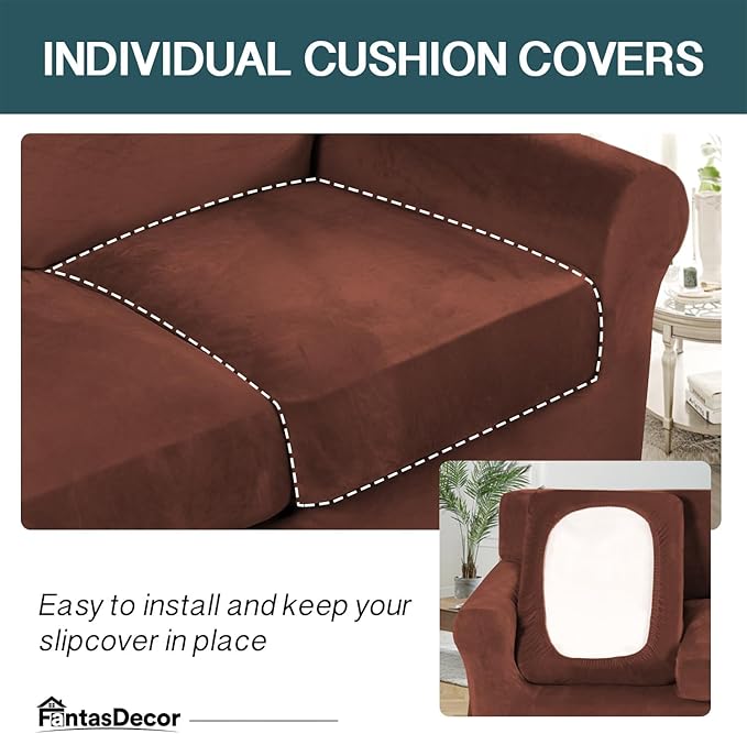 FantasDecor 4 Piece Sofa Velvet Couch Covers for 3 Cushion Stretch Slipcover with Individual Seat Cushion Elastic Furniture Protector for Pets, Machine Washable (Large Sofa, Burnt Brick)