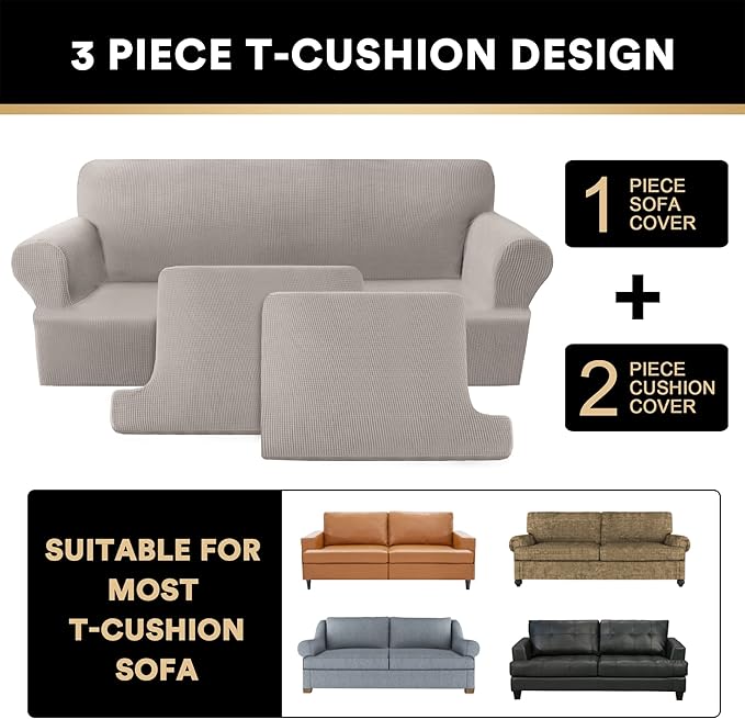 PrinceDeco T Cushion Loveseat Slipcover 3 Pieces Sofa Covers for T Cushion Sofa Stretch Slip Covers for 2 Cushion Couch with 2 Individual T Shape Seat Covers Width Up to 76" -Washable, Taupe
