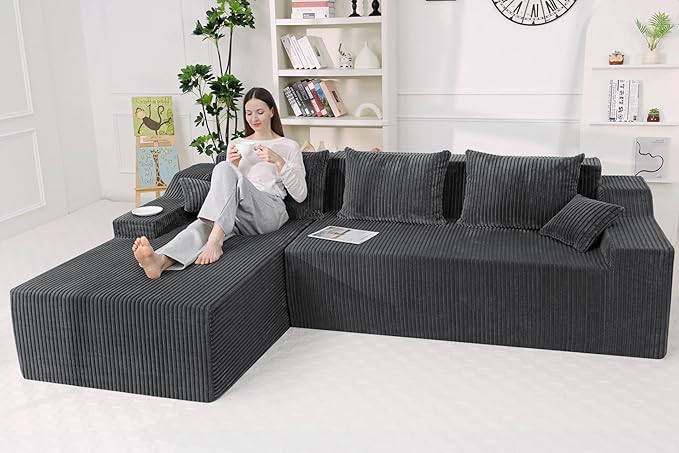 HABUTWAY 101'' Modular Sectional Sofa Cloud Couch with Deep Seat, Modern L-Shaped Convertible Couches Upholstered Couch with Chaise for Living Room Bedroom (Grey, Left-Facing Chaise)