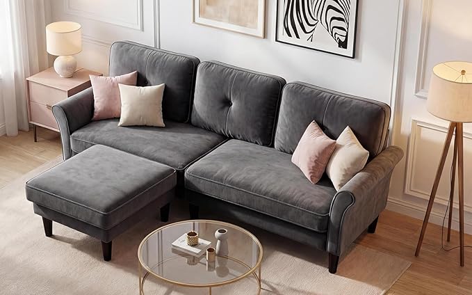 Sofas for Living Room, 83" Velvet Sectional Couch with Moveable Ottoman, Midcentury Modern Small Sectional Couch, L Shape Sofa & 2 Seater, Couches for Living Room, Apartment, Bedroom, Grey