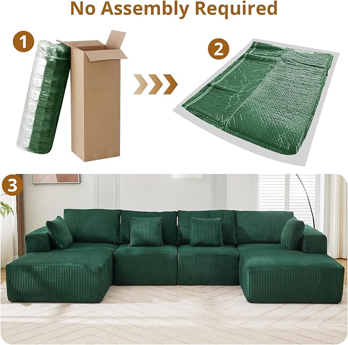Sectional Cloud Boneless Couch 137" Modern Comfy U-Shaped No Assembly Required Convertible Compression Sleeper Modular Sofa with Corduroy Fabric Deep Seat Single + Chaise for Living Room