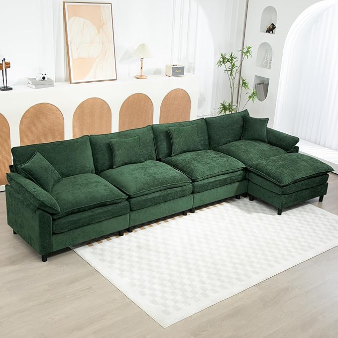 Oversized Modular Sectional Sofa, 146.5 Inch L Shaped Cloud Couch Set, 4-Seat Comfy Convertible Sofa with 1 Movable Ottoman, DIY Combination Sleeper Couch for Living Room(Chenille, Green)