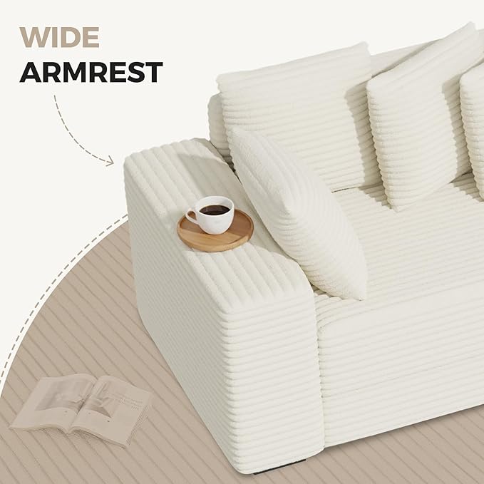 111'' Modular Sectional Cloud Couches with Chaise, L Shaped Extra Large Sleeper Couch Reversible Fluffy Corduroy with 8pcs Pillows for Living Room(Beige Right Facing Chaise)