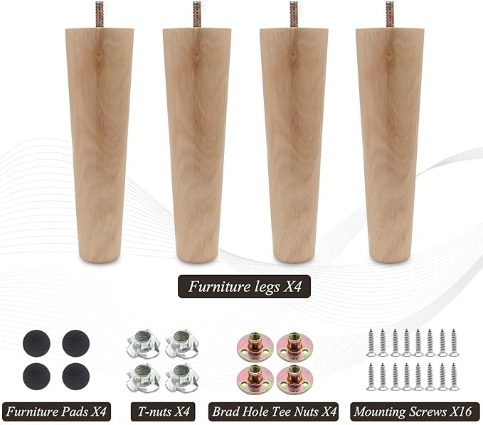 4pcs 8 Inch Wood Furniture Legs, Straight Conical Solid Wood Sofa Legs, Mid-Century Style Furniture Feet for Sofa Cabinet Table Cupboard Couch Ottoman Home DIY Projects