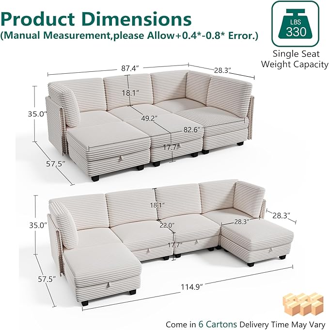 Modular Sectional Sofa with Adjustable Backrest, Convertible L/U-Shaped Sleeper Couch for Living Room, Cloud Sofa Bed Modern Reversible Design, Beige