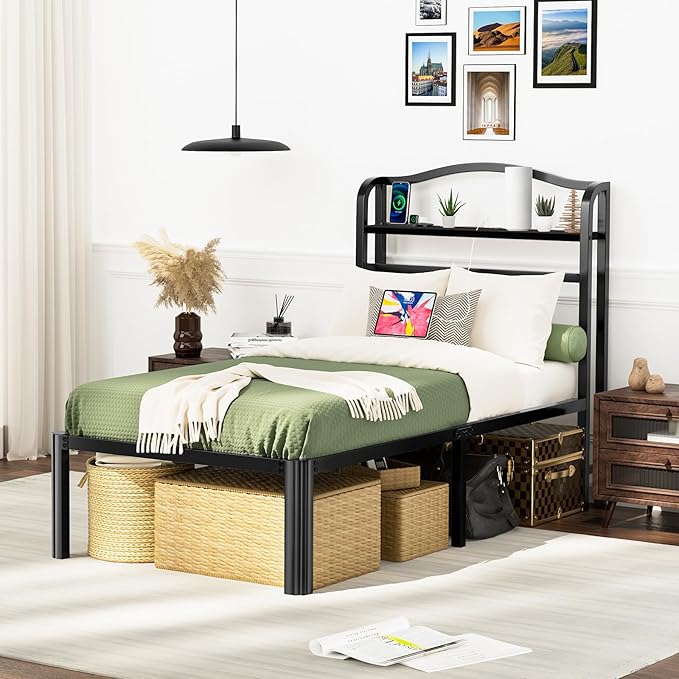 Black Twin Size Bed Frame Heavy Duty Metal Platform Bed Frames with Headboard,Charge Stations,No Box Spring Needed,Easy Assembly,Tools Free (14 Inch, Twin)