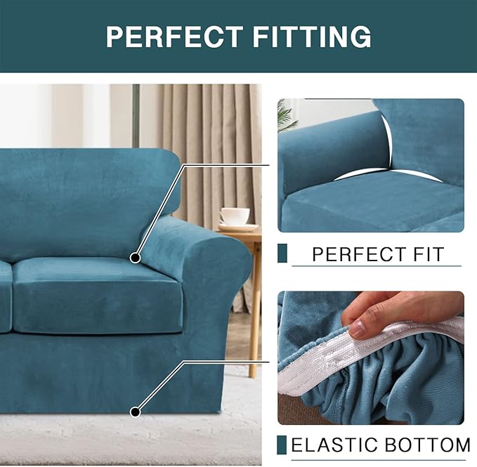 FantasDecor 2 Piece Chair Sofa Covers Velvet for Living Room Slipcovers with Individual Cushion Elastic Furniture Protector for Pets, Machine Washable (Armchair, Peacock Blue)