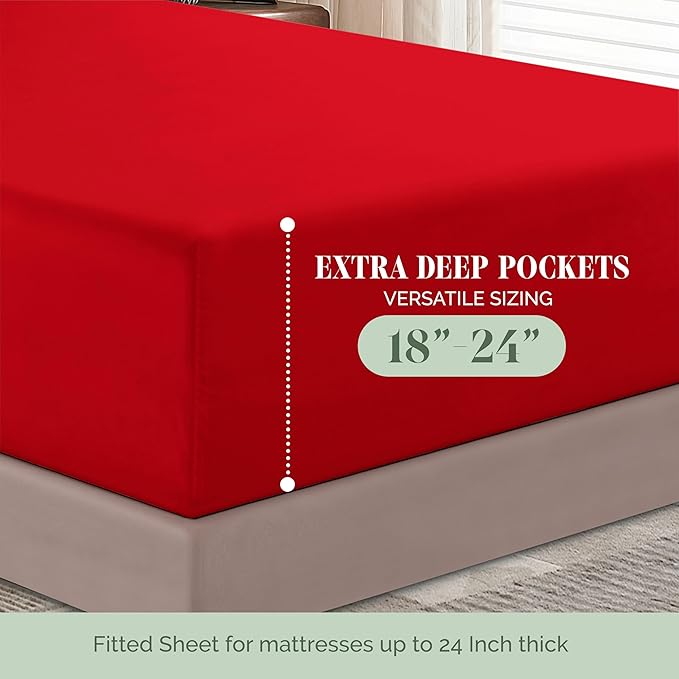 Elegant Comfort 1500 Premium Hotel Quality 18-24 Inches Deep - Extra Deep Pocket Single Fitted Sheet for High Mattress, Luxury and Softest, Smart Pocket - Wrinkle Free, King, Red