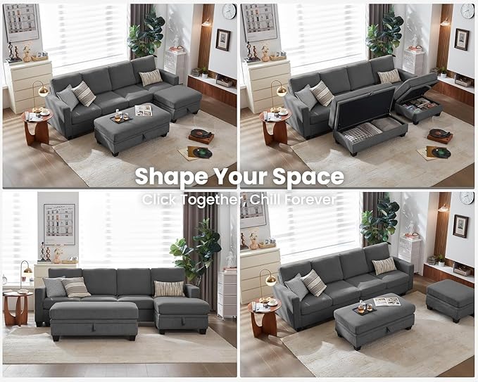 CHIC HOUSE Corduroy Modular Sectional Couch with Ottoman Chaise, L/U Shaped Sleeper Sofa for Living Room, Apartment, Lounge, Modern Armrest Neck Support Furniture (Dark Grey, 7 Seater Sectional)