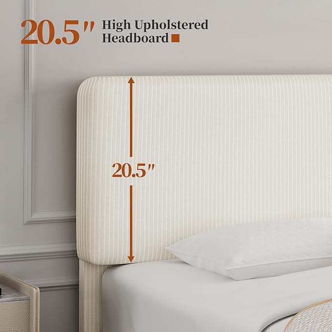 Yaheetech King Bed Frames with Adjustable Headboard, Chenille Fabric Upholstered Headboard/Platform Bed, King Size Bed Frame No Box Spring Needed/Wood Slats Support/Easy Assembly/Beige