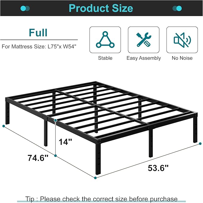Maenizi 14 Inch Full Size Bed Frame No Box Spring Needed, Heavy Duty Metal Platform Bed Frame Full Support Up to 3000 lbs, Easy Assembly, Noise Free, Black