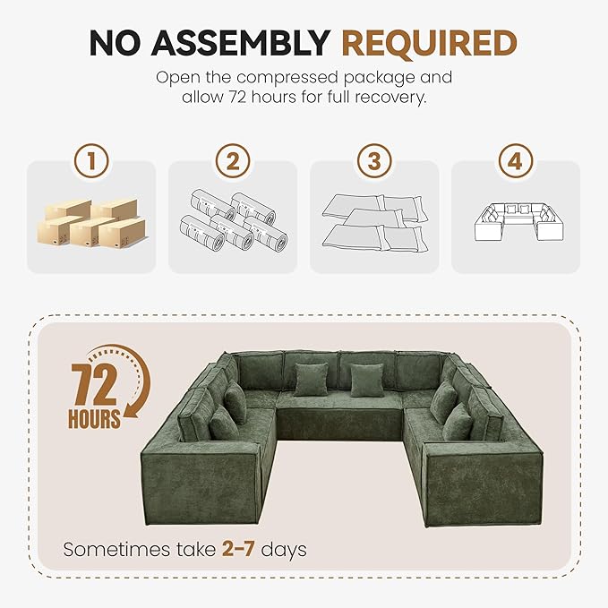 138'' Boneless Chenille U Shaped Couch, Oversized Modular Sectional 8 Seater Sofa, Modern Deep Seat Corner Cloud Compressed Couch, No Assembly Sleeper Sofa with Chaise for Living Room, Green