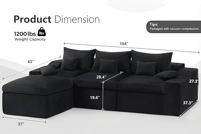 HABUTWAY 104" L Shaped Cloud Sectional Couch, Boneless Modular Sectional Sofa with Deep Seat, Corduroy Couches for Living Room, Modular Couch, No Assembly Required (Black)
