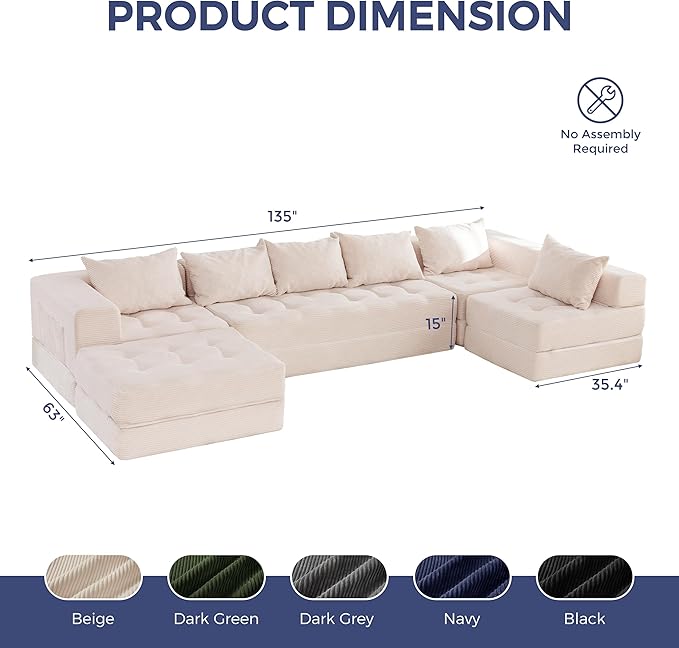MAXYOYO Modular Sectional Sofa Couch, Foldable U Shaped Cloud Couch with Pillows, Tufted 7-Seat Boneless Sleeper Lounger Floor Sofa Bed for Living Room, No Assembly Required, Beige
