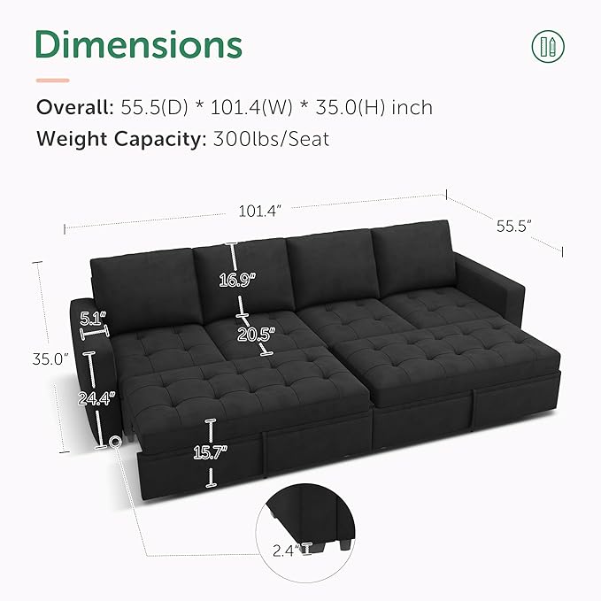 HONBAY Modular Sectional Sleeper Sofa with Pull Out Bed, Linen Convertible Sectional Couches for Living Room, Black