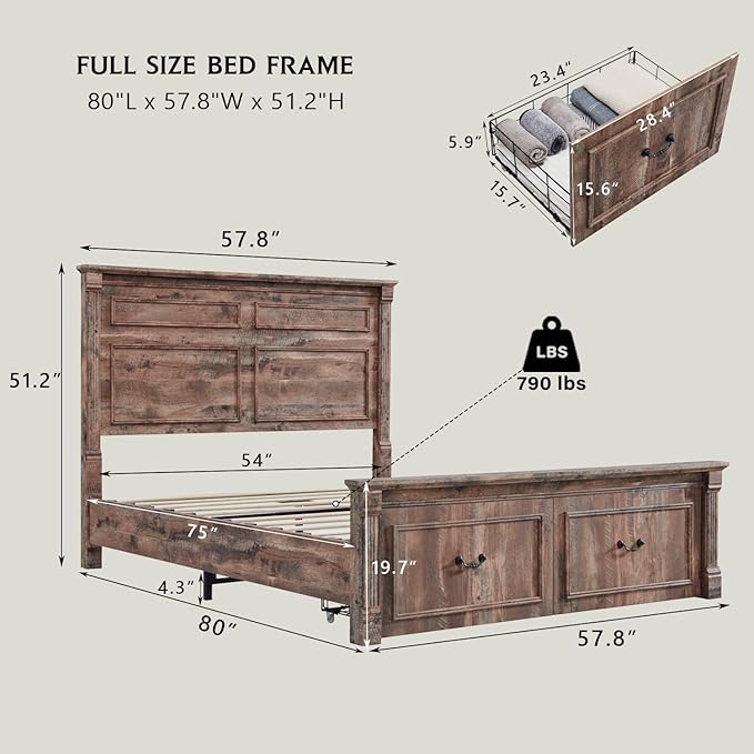 Aitjunz Farmhouse Full Size Bed Frame with 51" Tall Headboard, Wood Platform Bed Frame with 20" Tall Roman Column Decoration Footboard & 2 Large Storage Drawers, No Box Spring Needed (Light Brown)