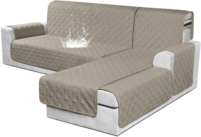 VANSOFY Sectional Couch Covers 100% Waterproof L Shaped Sofa Slipcover 3pcs Reversible Chaise Lounge Cover for Sectional Sofa Furniture Protector Cover for Pets Cat Dog(Large, Khaki)
