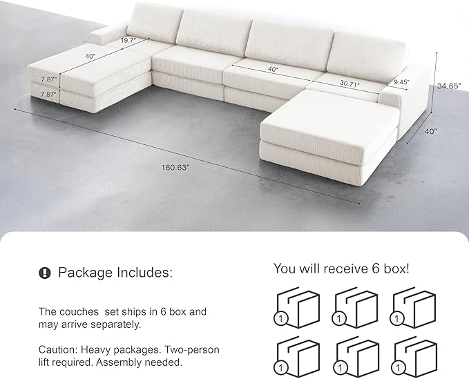 Modular Sectional Boneless Sofa, 160.63" Oversized Modern Cloud Couch Sectional Sofa with U-Shaped Chaise Comfy Corduroy Fluffy Couch with Deep Seat Couches for Living Room Bedroom, White