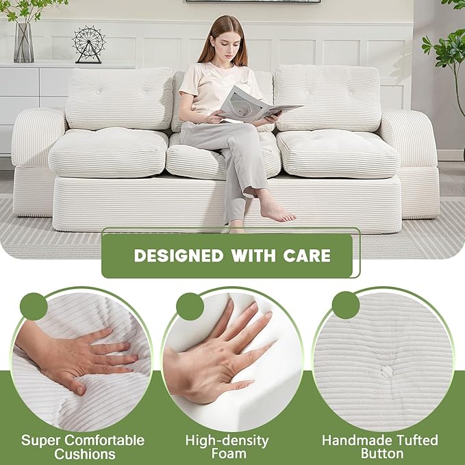 MeMoreCool Cloud Couch Boneless 3-Seater Sofa Bed – Beige Corduroy Convertible Floor Couch with Tufted Cushion, No Assembly Foldable Sleeper for Living Room, Apartment and Small Spaces
