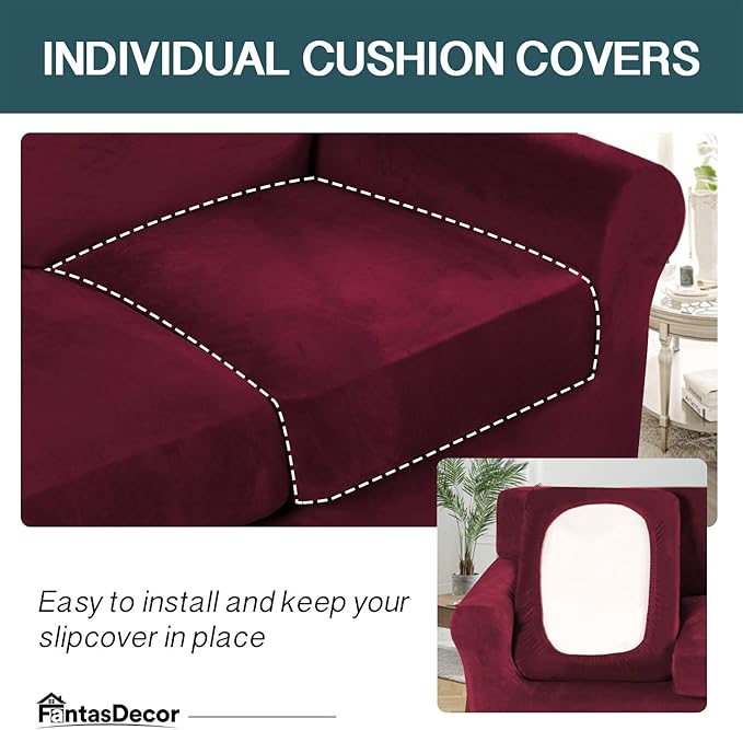 FantasDecor 3 Piece Sofa Covers Velvet for 2 Cushion Couch Stretch Loveseat Slipcover with Individual Seat Elastic Furniture Protector for Pets (Loveseat,Burgundy)