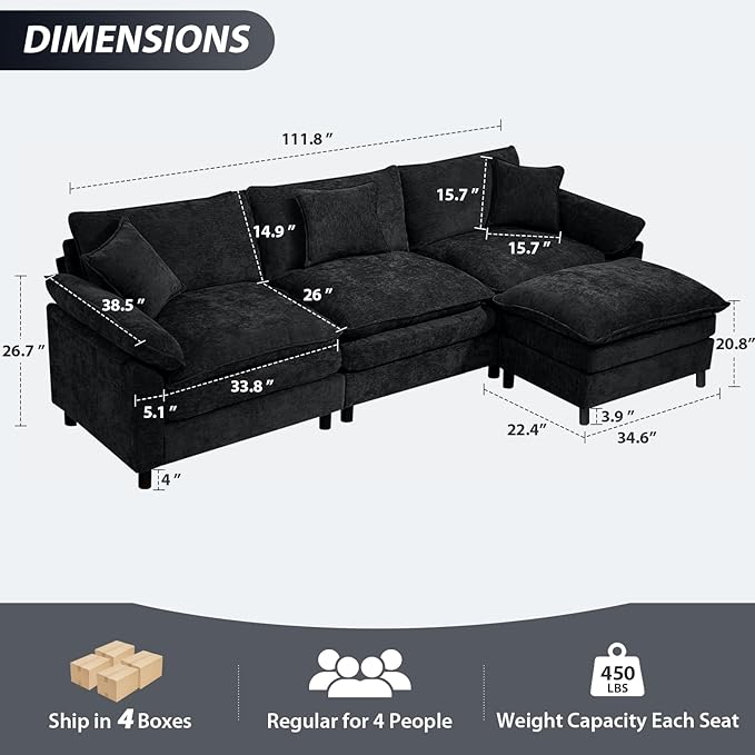 Oversized Modular Sectional Sofa, 111.8 Inch L Shaped Cloud Couch Set, 3-Seat Comfy Convertible Sofa with 1 Movable Ottoman, DIY Combination Sleeper Couch for Living Room(Chenille, Black)
