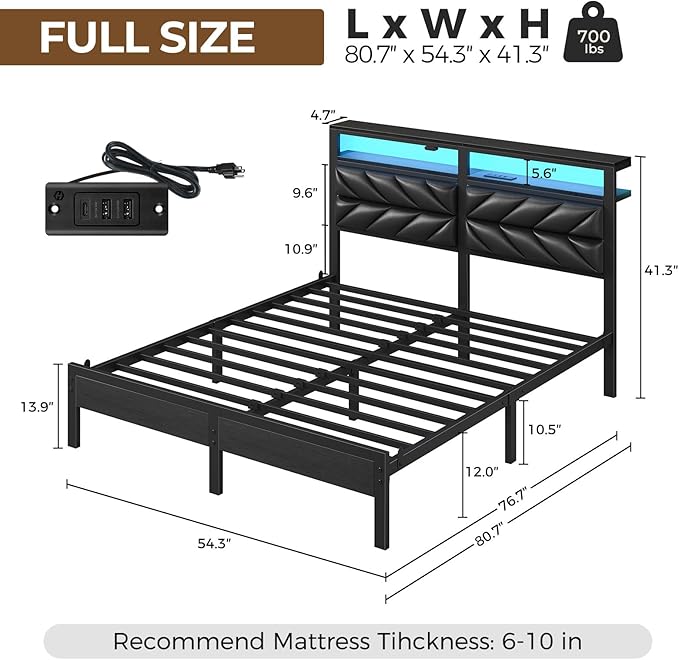 Seventable Full Size Bed Frame with Charging Station & LED Lights, Upholstered Headboard with 2-Tier Storage Shelves, Metal Platform with Under Bed Storage, No Box Spring Needed, Easy Assembly, Black