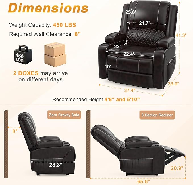 Oversized Manual Recliner Chair, 3X Recliner Home Theater Seating, RV Recliner Single Sofa with Storage, Cup Holder & Side Pocket, Reclining Chair for RV, Home Theater & Living Room (Single, Brown)