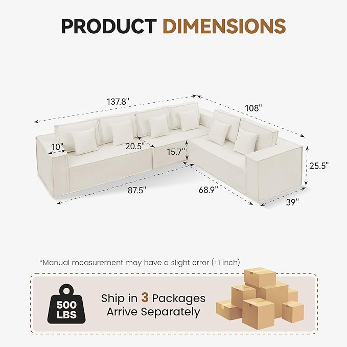 138'' Boneless L Shaped Couch, Oversized Modular Sectional 6 Seater Sofa, Modern Deep Seat Corner Cloud Compressed Couch, No Assembly Sleeper Sofa with Chaise for Living Room, Beige