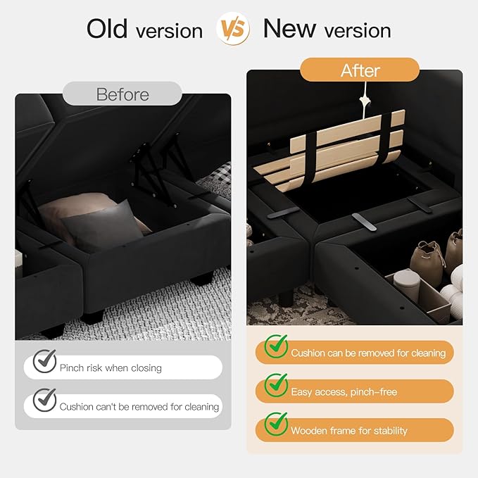 Belffin Modular Sectional Sofa with Storage Seats Velvet L Shaped Corner Couch Convertible Sectional Sofa with Chaise Black