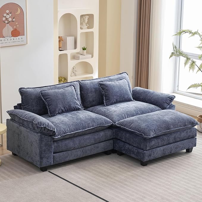 86" Modular Sectional Sofa, Comfy Cloud Couch Sectional Sofa with Ottoman, Chenille Sofa Sleeper Deep Seat Sofa with Throw Pillows for Living Room (Blue, 86"- L Shape)