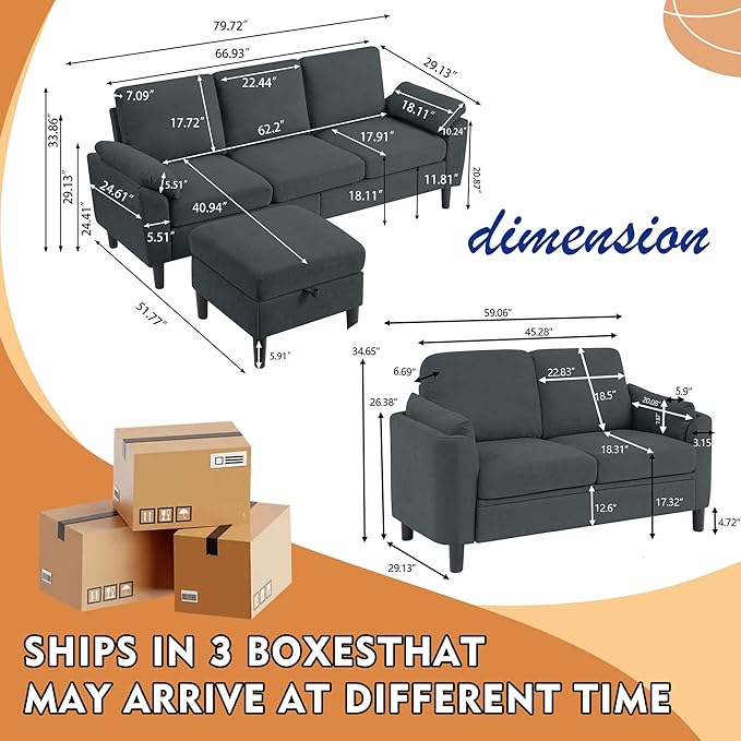 80" Convertible Sectional Sofa Set, Modern Linen Small L Shaped Couch with Reversible Chaise and Loveseat Sofa, 3-Seat Sofa Couches for Living Room, Office, Apartment, Dark Grey