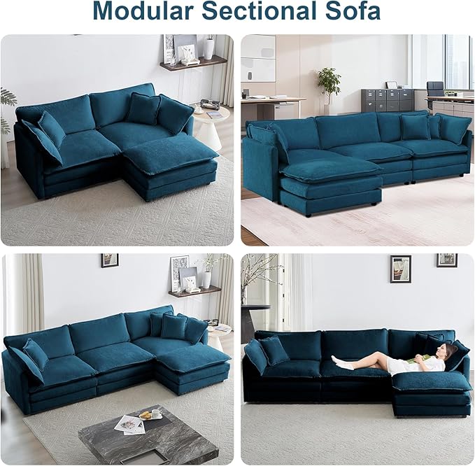 111.5" Modular Sectional Sofa, Large L Shaped Sectionals Cloud Couch, Big Comfy 3-Seat Couch with Ottoman, 4 Seater Chenille Sectional Sofa with Deep Seat and 5 Pillows for Living Room- Blue