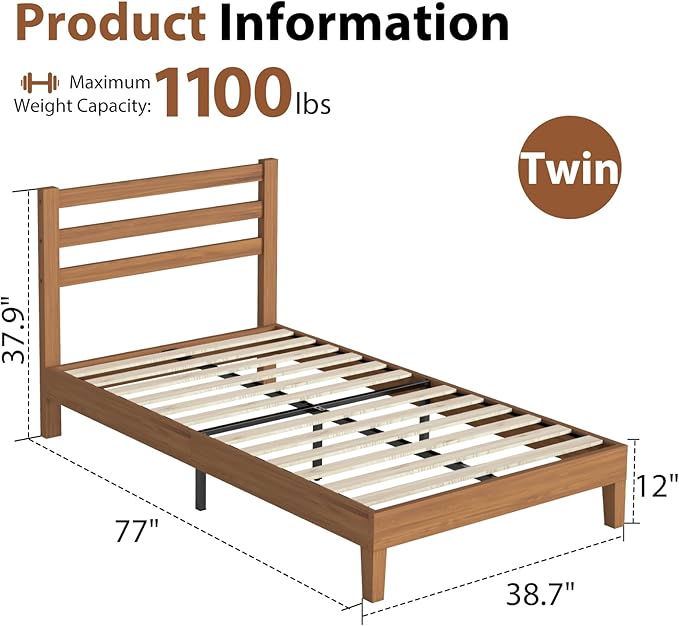 Sweetcrispy Solid Wood Bed Frame - Twin Size Mattress Foundation with Headboard, No Box Spring Needed with 1100LBS Sturdy Wooden Slats Support, Noise Free, Easy Assembly