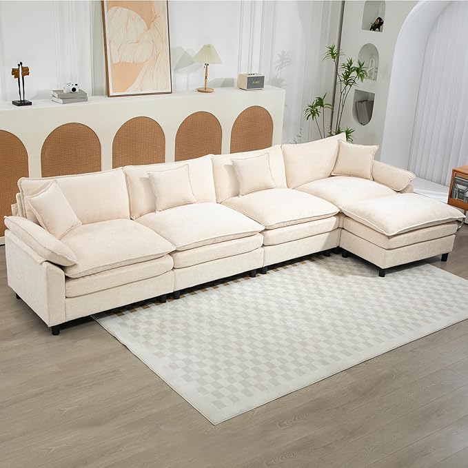 Oversized Modular Sectional Sofa, 146.5 Inch L Shaped Cloud Couch Set, 4-Seat Comfy Convertible Sofa with 1 Movable Ottoman, DIY Combination Sleeper Couch for Living Room(Chenille, Beige)