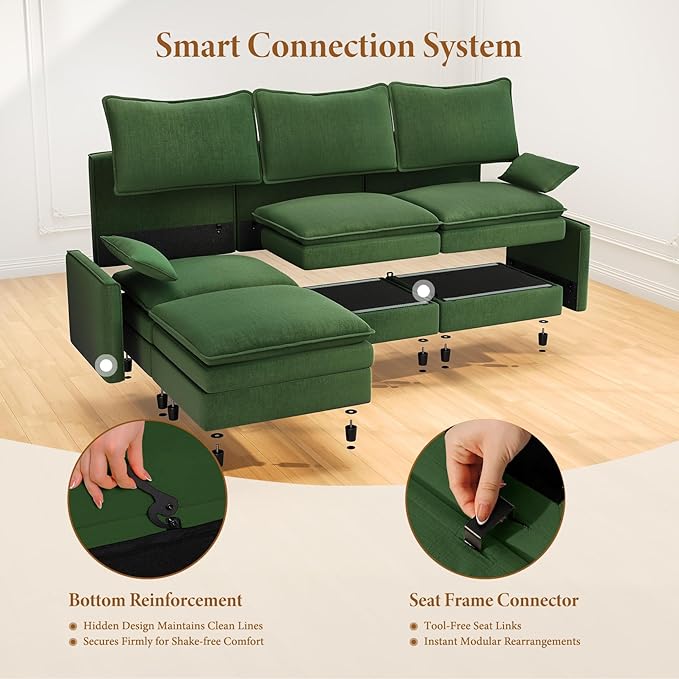 Vesgantti 101" V-Shaped Corner Couch Sectional, 7 Seat Customizable Modular Cloud Couches with Movable Ottoman, Chenille Deep Seat Sofa Set with Chaise for Living Room, Bedroom and Apartment, Green