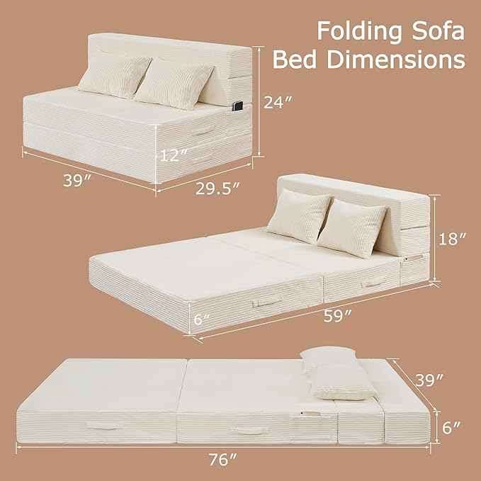 Folding Sofa Bed, 4 in 1 Convertible Sleeper Chair with Pillow, Twin Memory Foam Fold Out Chair Bed, Modern Floor Futon Sofa Couch Mattress for Living Room/Guest/Apartment, Beige | Fold out chair bed, Futon sofa bed, Extra bag included, All foam made, ...
