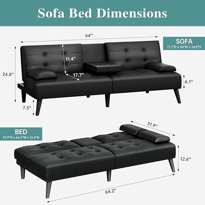 Meilocar 64" Futon Sofa Bed, Small Loveseat with 2 Cup Holders, Small Couch with 3 Adjustable Angles & Removable Armrest, Modern Sleeper Sofa for Apartment, Office (PU Leather, Black)
