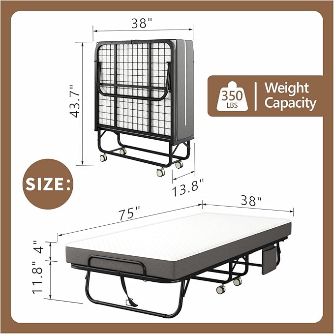 Folding Bed with Mattress for Adults, 75" x 38"Portable Twin-Size Rollaway Bed, Metal Frame Foldable Guest Bed with Memory Foam Mattress,Deluxe Single Beds with Side Storage Pocket