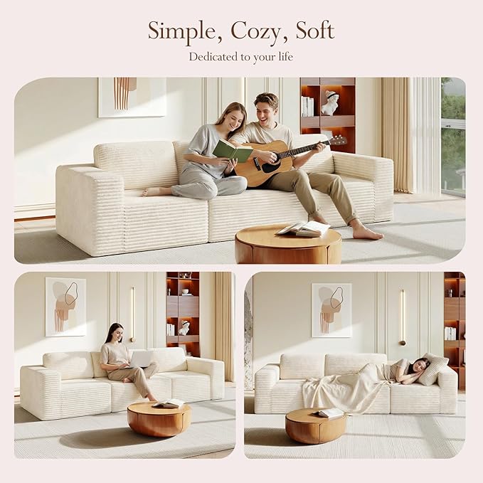 Vesgantti 119" Modular Sectional Sofa, Corduroy Cloud Couch with Deep Seating & Spring Support, 3 Seater Flexible Layout Sofa, Boneless Couch for Living Room & Apartment, No Assembly Required, Beige