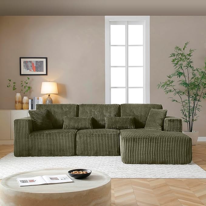 110" Cloud Sectional Couch, Modular Sectional Sofa with Deep Seat, Corduroy Upholstered Boneless Couch for Living Room Bedroom, Right Facing Chaise (Green)