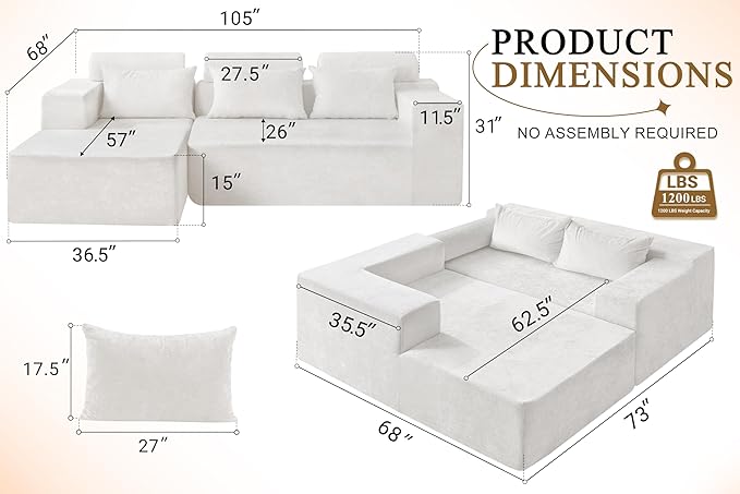 HABUTWAY 105" L-Shape Modular Sectional Sofa Couch for Living Room,No Assembly Required,Modular Comfy Sofa with Deep Seat for Living Room Bedroom,Luxury Distressed Velvet(Left,Beige)