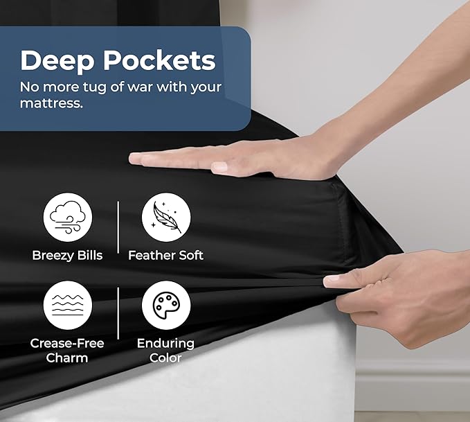 Royale Linens 100% Organic Cotton Fitted Sheet - Percale Weave - Super Soft Deep Pocket Bottom Sheets - Black Elastic Sheet King Cal Size - California King Fitted Sheets Only - (72"x84"+15", Black)