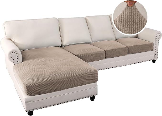 H.VERSAILTEX Sectional Couch Covers 4 Pieces Sofa Seat Cushion Covers L Shape Separate Cushion Couch Chaise Cover for Both Left/Right Sectional Couch (Seat Only: 1 Chaise + 3 Sofa, Sand)